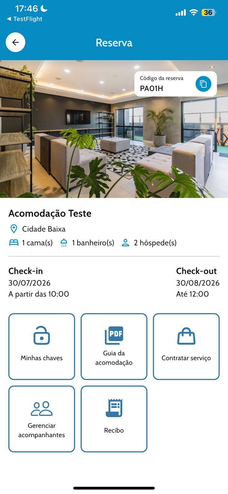 Tela de reserva com check-in virtual no app Proguest
