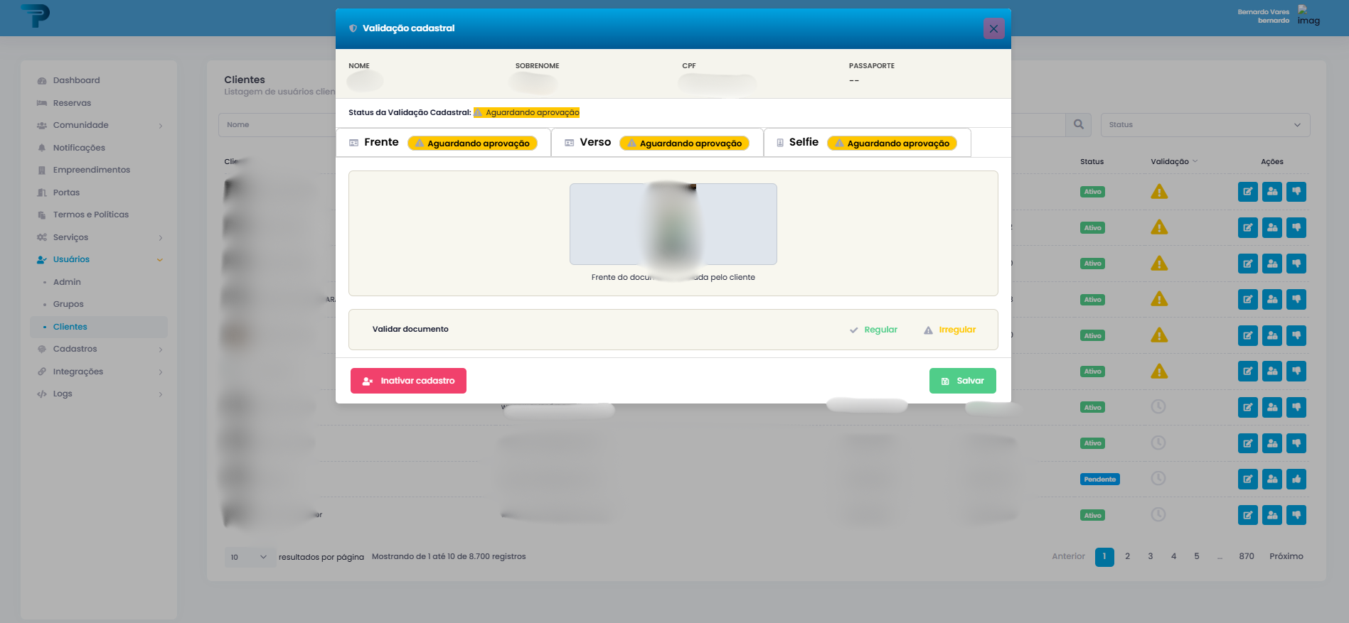 Painel administrativo Proguest: validação de documento de hóspede, com dados sensíveis borrados